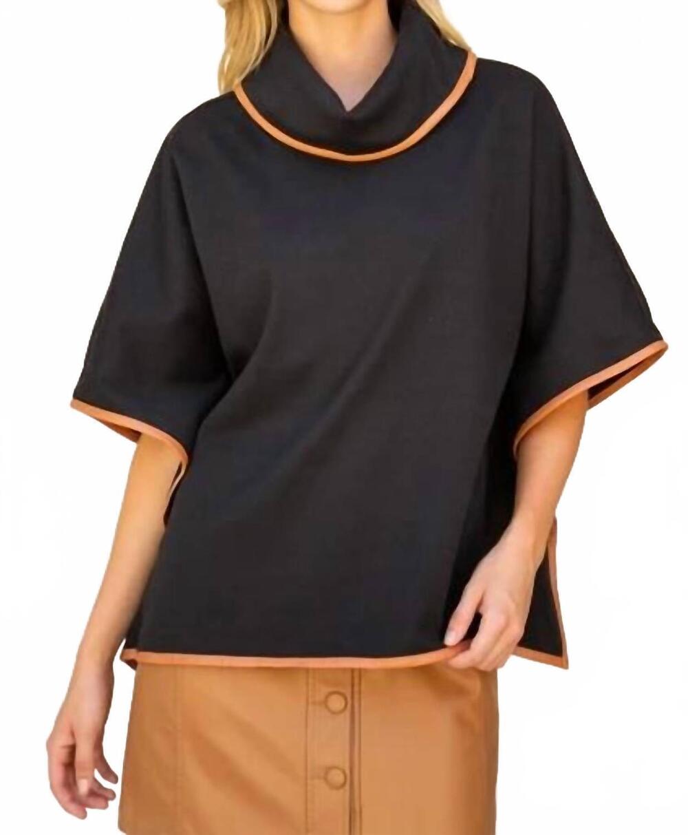 NEW VOY leather binding detailed poncho top in black